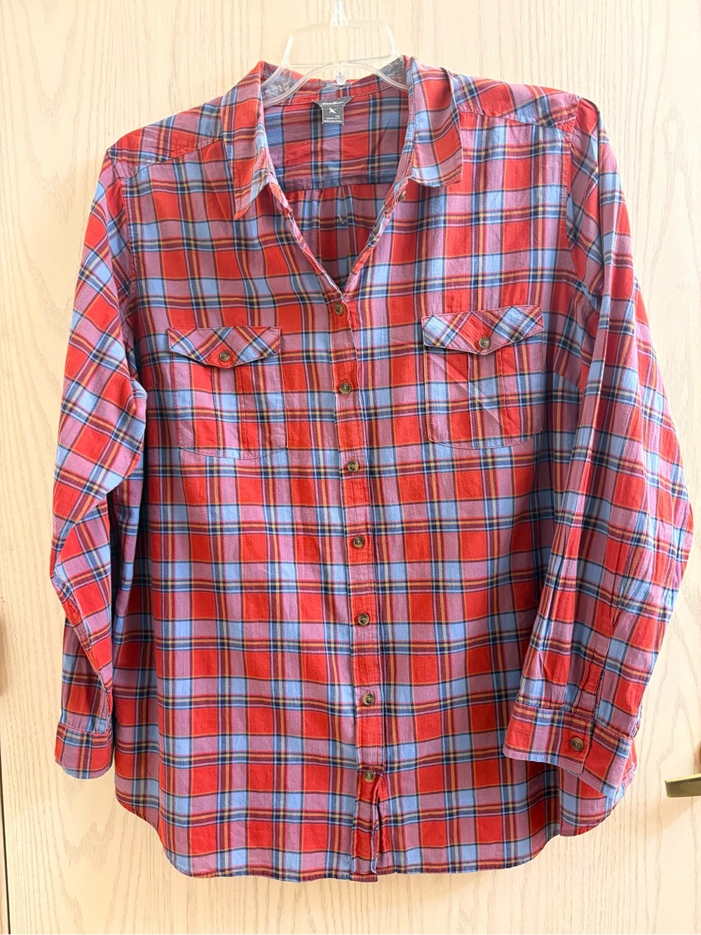 Eddie Bauer Red and Blue Plaid Button-Down Shirt
